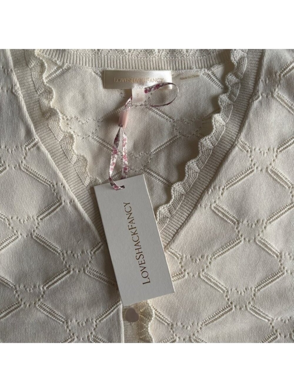 NWT LoveShackFancy Petra Knit Heart Argyle Cardigan Parchment Cream Ivory | S - Picture 14 of 14